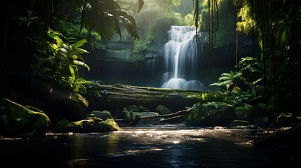 Panoramic view of waterfall in tropical rainforest. Nature background - obrazy, fototapety, plakaty