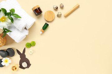 Composition with spa accessories, flowers and Easter decor on color background