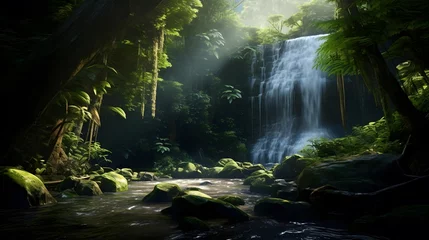 Tischdecke Panoramic image of a beautiful waterfall in a green forest. © Iman