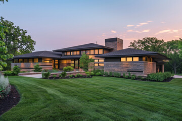Fototapeta na wymiar In the early morning glow, a modern home exterior features lush green grass, a mix of brick and stacked stone, and meticulous landscaping, emitting a warm aura under the pastel hues of dawn.