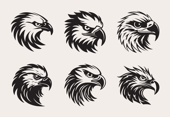 Set of eagle head one color vector logo, emblem or icon.