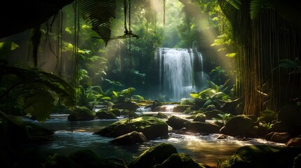 Fototapeta na wymiar Panoramic view of a waterfall flowing through a forest in the morning