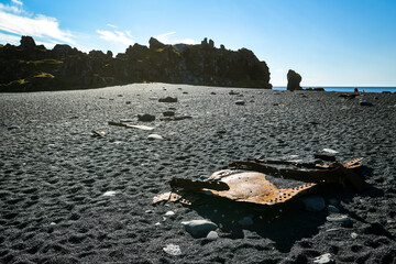 Remains of shipwreck on Djupalonssandur beach in Iceland