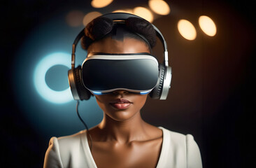 Young black african american woman wearing virtual reality goggles. VR experience concept in close up of her face with blurred light background. - 770053698
