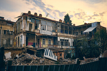 Abandoned authentic residential building in the centre of Old Tbilisi under demolition