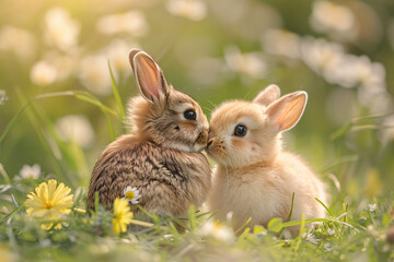 Fototapeta premium Two little rabbits kissing on spring field with wildflowers and green grass. Cute couple of bunnies, adorable animals. Easter, Valentine and Mother day. Love, romantic and family care concept