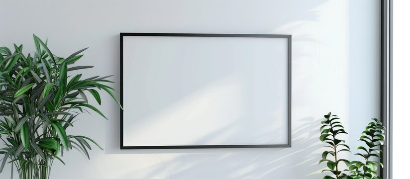 Mockup of a horizontal frame on a white wall for displaying artwork, photos, paintings, or prints.