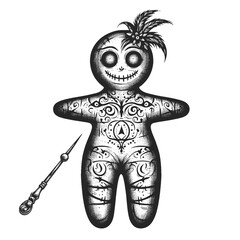 voodoo doll with pattern designs, accompanied by mystical stars and a flower sketch engraving generative ai fictional character vector illustration. Scratch board imitation. Black and white image.
