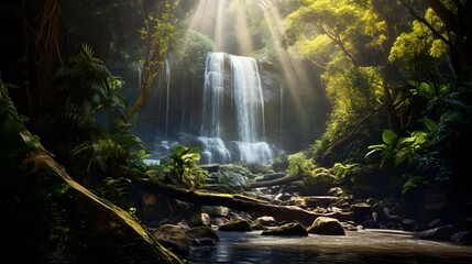 Waterfall in rainforest. Panoramic view of waterfall in forest.