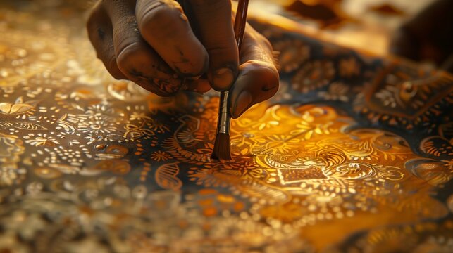 A close-up of a hand painting intricate Bengali folk art, Patachitra, on a piece of handmade paper.