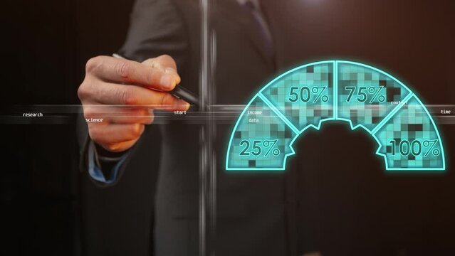 Cg footage of a pie chart divided into sectors indicating the number of percentages against the background of a silhouette of a businessman with a pencil and a coordinate system with numbers and words