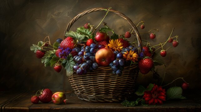  A painting of a basket of fruit on a table, with strawberries and flowers nearby