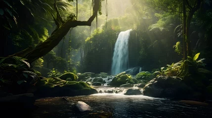 Fotobehang Panoramic view of a waterfall in a tropical rainforest. © Iman
