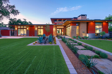 Just before dusk, a contemporary home exterior shines in bold red hues. Manicured grass, brick, stone, and thoughtfully arranged landscaping welcome visitors.