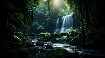 Panorama of a waterfall in a tropical rainforest. Long exposure