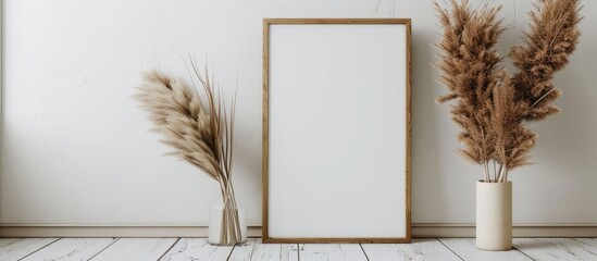 Thin wooden vertical frame mockup, sized 16x20, placed on a white wooden floor alongside a pampas grass prop. - obrazy, fototapety, plakaty