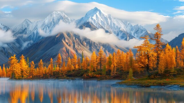  A picturesque mountain range with a serene lake, surrounded by lush trees, and fading into the distance with majestic clouds