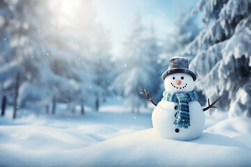 Obraz premium Charming snowman adorned with a hat and scarf, greeting a serene winter day, amidst a softly lit snowy landscape