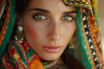 portrait of a beautiful ethnic blond woman with green eyes