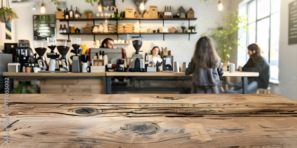 Aufkleber blurred background of people in a coffee shop with an empty wood table for product display. concept 