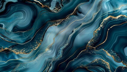 A dark blue and turquoise agate background with gold veins, in the style of flowing water, with a marble texture, dark sky blue and navy blue Generative AI - obrazy, fototapety, plakaty
