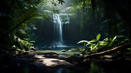 Panorama of a waterfall in a tropical rainforest with green foliage