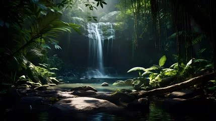 Fotobehang Panorama of a waterfall in a tropical rainforest with green foliage © Iman