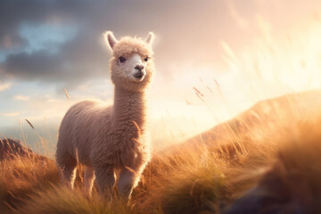 Alpaca (Vicugna pacos), on beautiful nature of the high mountains, sunset light. - obrazy, fototapety, plakaty