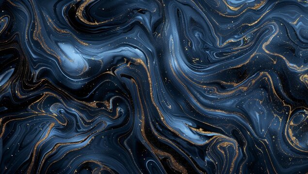 A digital art illustration of an abstract blue and black marble pattern, with swirling lines in shades of deep ocean blue and shimmering gold accents Generative AI