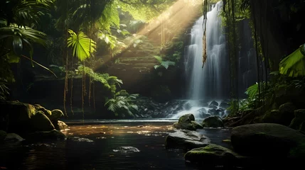 Abwaschbare Fototapete Panoramic view of a beautiful waterfall in the rainforest. © Iman