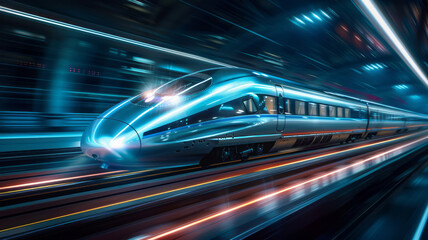 Fototapeta na wymiar Visualize a high-speed train crossing a futuristic bridge at night,generative ai