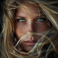 portrait of a beautiful blond woman with green eyes