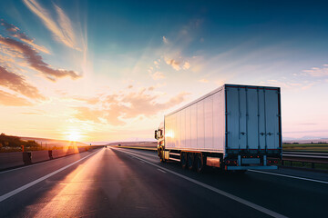 Supply Chain Logistics truck is driving on the motorway during sunset - obrazy, fototapety, plakaty