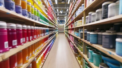 Vibrant Paint Cans Aisle in Home Improvement Store. Generative ai