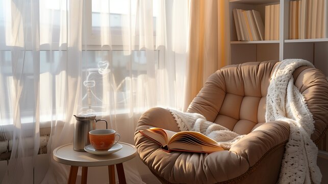 A cozy, inviting reading nook by a large window with sheer curtains, the soft morning light illuminating an open book resting on a plush, overstuffed chair
