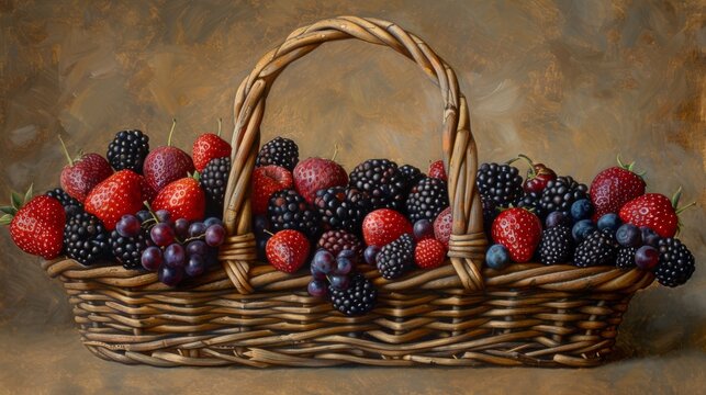 A painting of red and green berries and strawberries in a wicker basket against a brown canvas backdrop, with a brown border