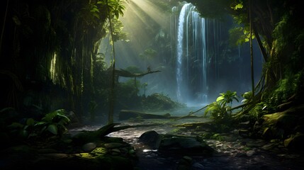 Panoramic view of beautiful waterfall in deep tropical rainforest.