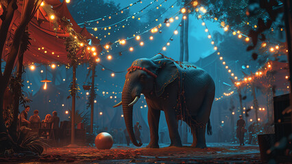 African elephant in circus 3D illustration - obrazy, fototapety, plakaty