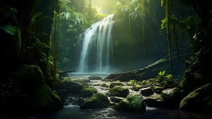 Wandcirkels tuinposter Panorama of a small waterfall in a tropical rainforest. Long exposure © Iman