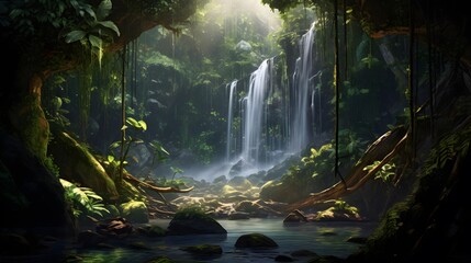 Panorama of a waterfall in a tropical forest with a stream flowing through it - obrazy, fototapety, plakaty