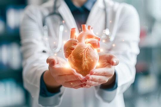 Medical doctor holding virtual human heart in hands in cardio vascular  protection and health care concepts