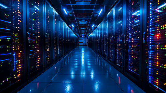 Large server room with rows of servers. server data center