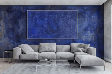 Minimalist living room with cobalt blue polished plaster wall. Simple grey sofa, clear acrylic coffee table, and large abstract canvas in monochrome hues.