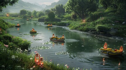 A hyper-realistic image of a calm river gently flowing through a lush, green landscape, with small, handmade boats carrying lamps and flowers floating on the water - Powered by Adobe