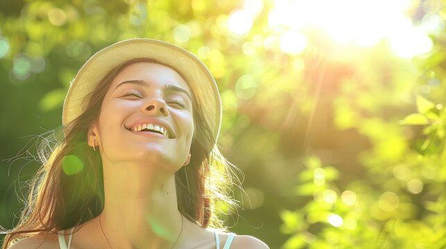 A happy woman with a radiant smile standing against a refreshing green background, symbolizing vitality and renewal