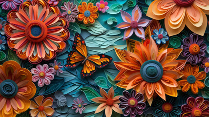 paper quill design, highly detailed, daisies and butterflys, bright vibrant colors, paper art,generative ai