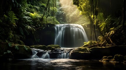 Panorama of a beautiful waterfall in the rainforest. Long exposure.