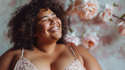 Body Positive. Beautiful Curvy Woman Posing In Underwear Over Beige Studio Background, - obrazy, fototapety, plakaty