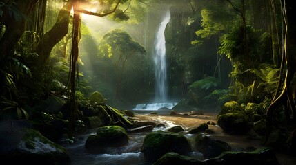 Panoramic view of a waterfall in the rainforest at dawn