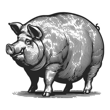 Fat pig in a vintage engraving style, with detailed shading and textures sketch engraving generative ai fictional character vector illustration. Scratch board imitation. Black and white image.